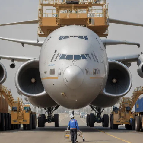 the rear of a (CHV3CPlane) style (Ilyushin Il-76) is being loaded with cargo and equipment, photo mid shot, fuselage, maintenance, fused aircraft parts, very symmetrical, full scene shot, <lyco:CHV3CPlane6Merge:1.0>