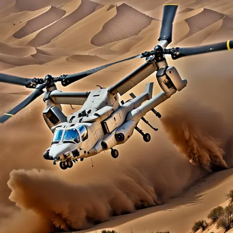 a professional photograph of a symmetrical military (Bell Boeing V-22 Osprey:1.0) tiltrotor is flying in the air. dust particles in the air, thick dust and red tones, sand storm, full of sand and dust, intense scene, gulf war photography, profile shot, masterpiece, best quality, middle close up shot:.70  AND a symmetrical (Bell Boeing V-22 Osprey:1.2) (CHV3CTilitrotor:1.0) tiltrotor <lyco:CHV3CPlane6Merge:1.0>