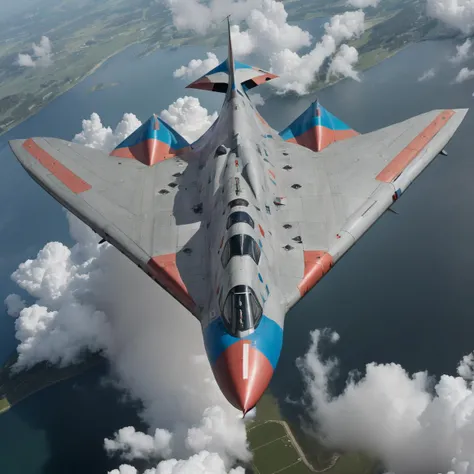 a professional photograph of a [:symmetrical:.10] (Avro Vulcan), jet-powered, delta-wing, high-altitude, strategic bomber with a red and blue on it, viewed from overhead, <lyco:CHV3CPlane6Merge:1.0>