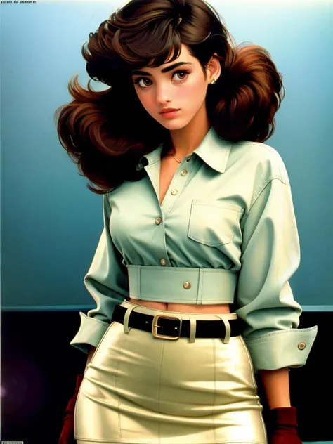 A beautiful y4sm1nlb woman,1girl,solo,skirt,brown hair,black hair,gloves,brown eyes,pantyhose,black gloves,belt,realistic,retro artstyle,1980s (style),soft lighting, professional Photography, Photorealistic, detailed, RAW, analog, sharp focus, 8k, HD, high quality, masterpiece<lora:y4sm1nlb:1.0>