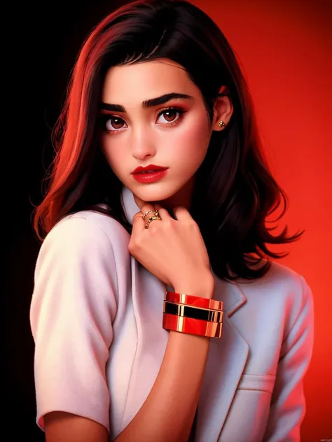 A beautiful y4sm1nlb woman,1girl,solo,looking at viewer,black hair,brown eyes,jewelry,nail polish,bracelet,english text,lips,makeup,ring,red nails,realistic,hands on own face,soft lighting, professional Photography, Photorealistic, detailed, RAW, analog, sharp focus, 8k, HD, high quality, masterpiece<lora:y4sm1nlb:1.0>