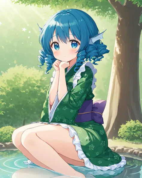 wakasagihime,1girl, solo, head_fins, reflection, green_kimono, obi, white_background, looking_at_viewer, sitting, blush, simple_background, mermaid, blurry, barefoot, tree, closed_mouth
<lora:wakasagihime_image2628_2023-12-20-000008:1>,star-shaped_pupils,symbol-shaped_pupils,. gorgeous,key visual, vibrant, studio anime,award-winning, professional, highly detailed,high budget, cinemascope