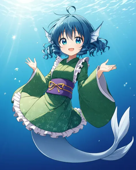 wakasagihime,1girl, mermaid, solo, head_fins, obi, open_mouth, smile, wide_sleeves, green_kimono, long_sleeves, looking_at_viewer, frills, underwater
<lora:wakasagihime_image2628_2023-12-20-000008:1>,star-shaped_pupils,symbol-shaped_pupils,. gorgeous,key visual, vibrant, studio anime,award-winning, professional, highly detailed,high budget, cinemascope