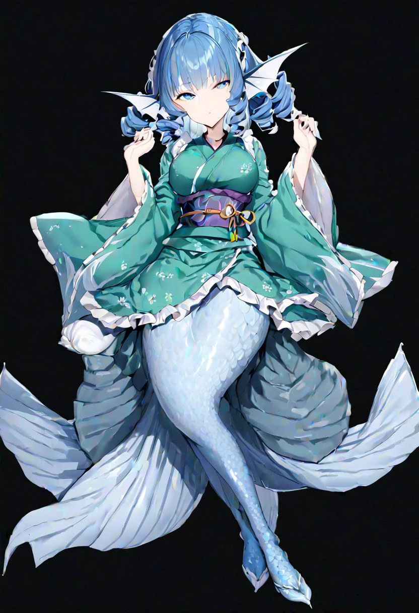 masterpiece, best quality, ultra-detailed, beautiful, nai3, 1girl, solo, full_body, tachi-e,
wakasagihime, LuxuriousWheels, 1girl, lace, short_hair, long_sleeves, blue_eyes, frills, blue_hair, wide_sleeves, sash, japanese_clothes, obi, kimono, mermaid, drill_hair, green_kimono, monster_girl, head_fins,