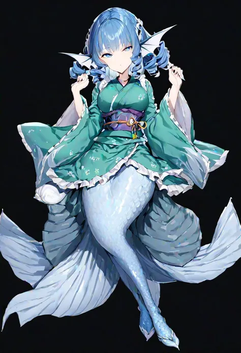 masterpiece, best quality, ultra-detailed, beautiful, nai3, 1girl, solo, full_body, tachi-e, 
wakasagihime, LuxuriousWheels, 1girl, lace, short_hair, long_sleeves, blue_eyes, frills, blue_hair, wide_sleeves, sash, japanese_clothes, obi, kimono, mermaid, drill_hair, green_kimono, monster_girl, head_fins,