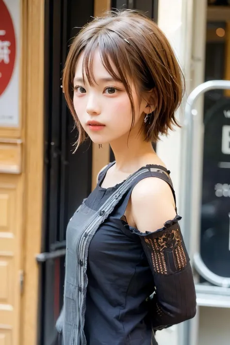 (Photorealistic: 1.8),
woman closeup, ash blond hair, A-line haircut, Transparent blouse,
Very detailed clothes, big-areola,
Models are photographed as fashion models, Random people on city streets, Like Instagram posts