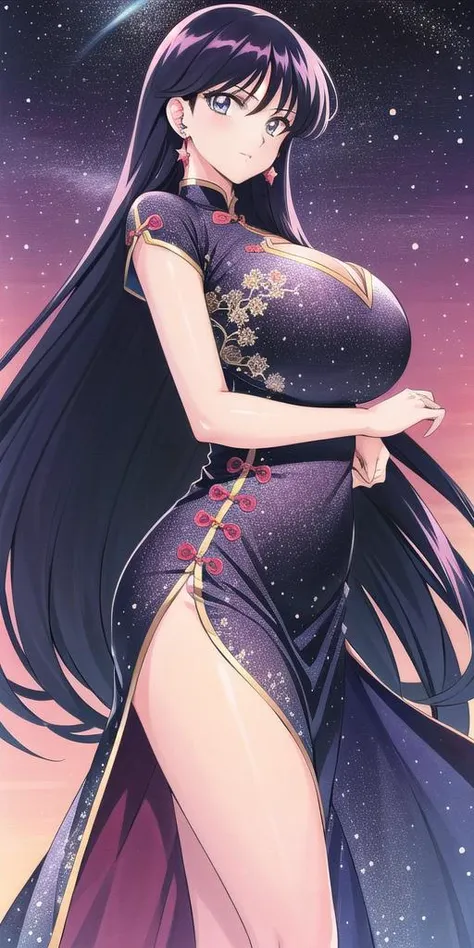 hino_rei, huge_breasts, standing, solo, china_dress, <lora:HinoReiV8:0.7>, starry_sky,, masterpiece, best quality, detailed face, detailed eyes, highres,