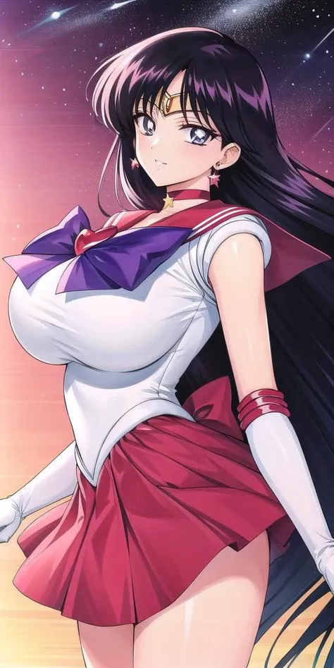 hino_rei, huge_breasts, standing, solo, White_leotard_Red_sailor_collar_Red_miniskirt_White_gloves_Red_high_heels_Star_choker_Purple_bowtie_Red_back_bow_Circlet_Heart_brooch_See-through_sleeves, <lora:HinoReiV8:0.7>, starry_sky,, masterpiece, best quality, detailed face, detailed eyes, highres,