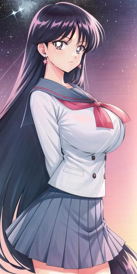 hino_rei, huge_breasts, standing, solo, HinoRei_School_uniform_Red_bowtie_Serafuku, <lora:HinoReiV8:0.7>, starry_sky,, masterpiece, best quality, detailed face, detailed eyes, highres,