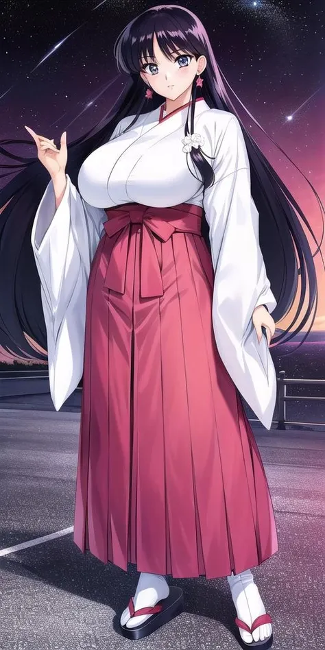 hino_rei, , standing, solo, <lora:HinoReiV8:0.7>, starry_sky, japanese_clothes, miko, red_hakama_skirt, wide_sleeves, tabi, sandals, masterpiece, best quality, detailed face, detailed eyes, highres,