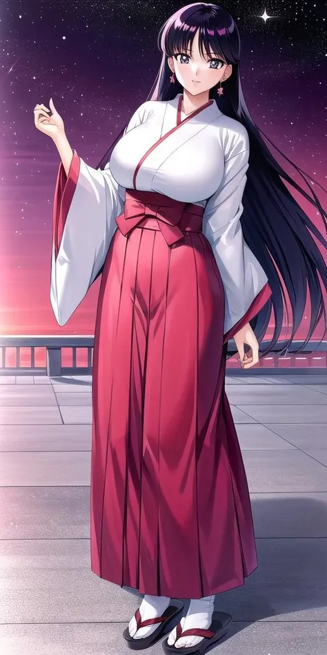 hino_rei, , standing, solo, <lora:HinoReiV8:0.7>, starry_sky, japanese_clothes, miko, red_hakama_skirt, wide_sleeves, tabi, sandals, masterpiece, best quality, detailed face, detailed eyes, highres,