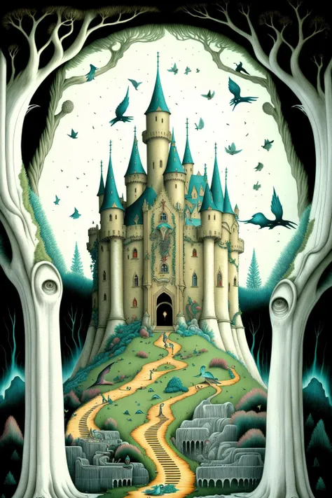 mindwarp , a drawing of a castle with birds flying around it and a castle in the background with a lot of trees, Daniel Merriam, aaron horkey, a storybook illustration, fantasy art