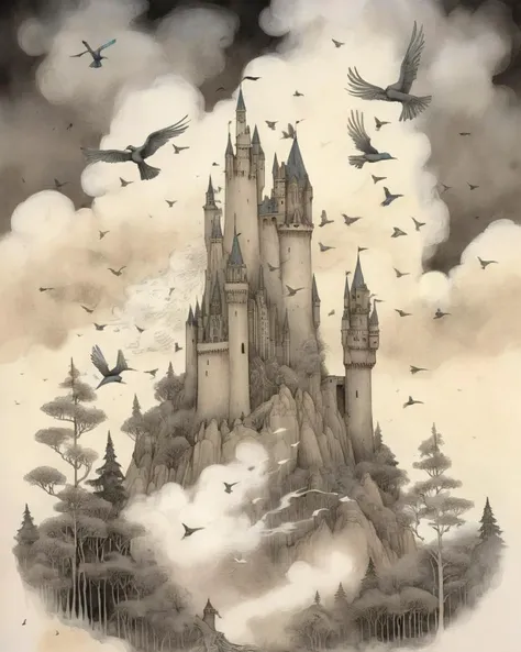a drawing of a castle with birds flying around it and a castle in the background with a lot of trees, Daniel Merriam, aaron horkey, a storybook illustration, fantasy art , cloud, smoke<lora:MindWarp:1.0>