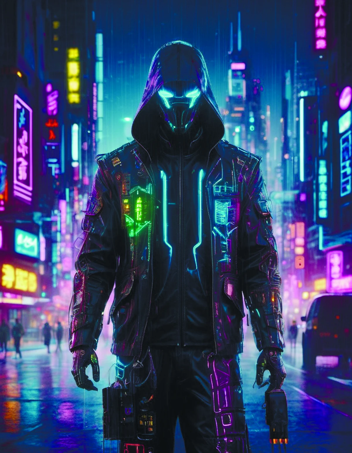 digital drawing of a cyberpunk character neon city at night rain digital illustration <lora:MindWarp:0.8>,cyberpukai <lora:CyberPunkAIp:0.7>,teslapunkai <lora:TeslaPunkAIv2p:0.6>,by diegocr