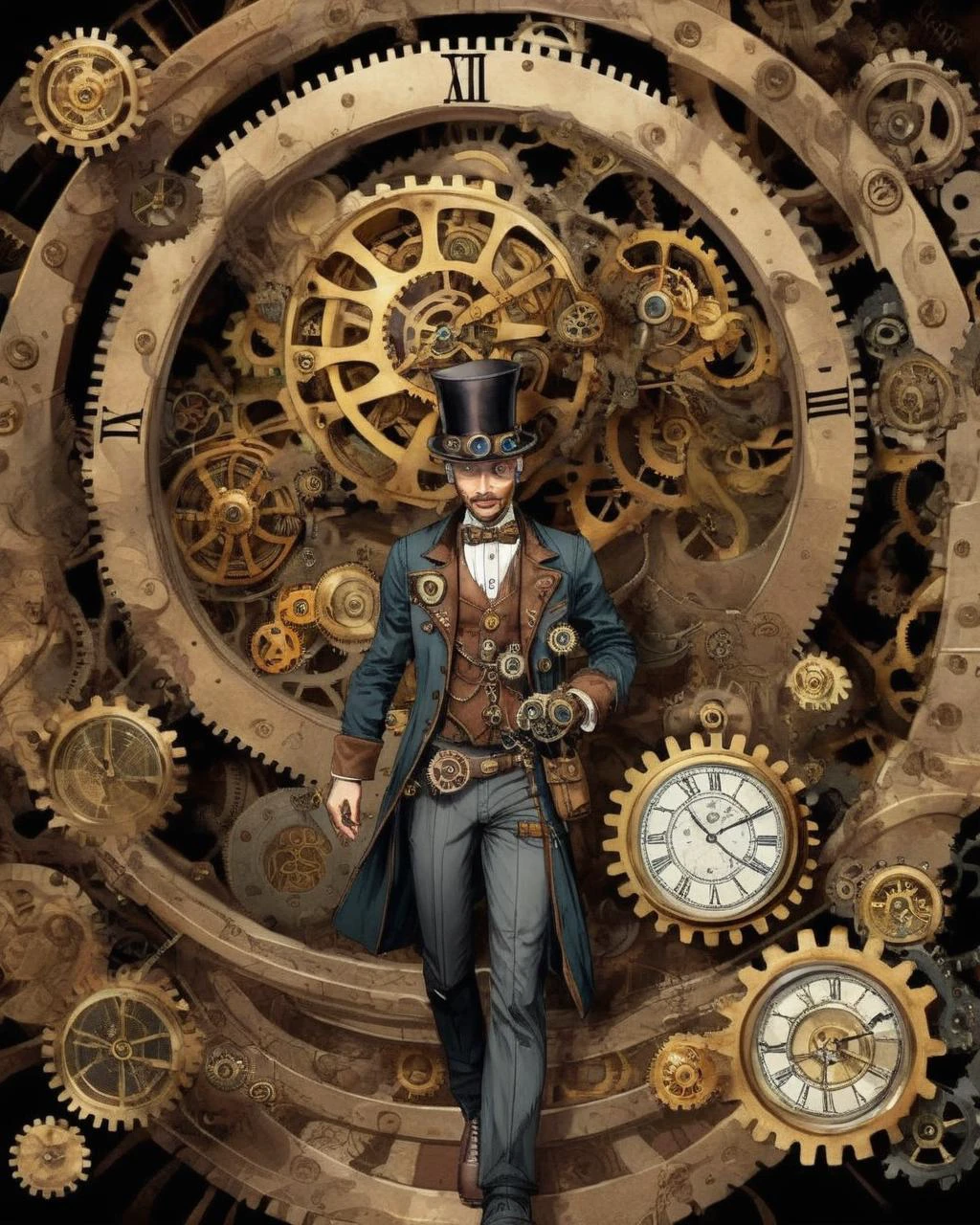 A time traveler, clad in a steampunk ensemble, steps out of a swirling vortex, surrounded by gears and cogs, a sense of adventure and mystery in the air: time travel:0.9, steampunk aesthetics:0.8, swirling vortex:0.7, sense of mystery:0.6., a storybook illustration :1.7, maximalism<lora:MindWarp:1.0>