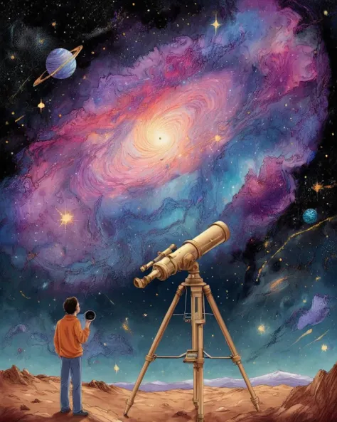 A passionate astronomer gazes through a powerful telescope, the cosmos unfolding before their eyes, stars and galaxies revealing the vastness of the universe: cosmic exploration:0.9, powerful telescope:0.8, unveiling the cosmos:0.7, vast universe:0.6., a storybook illustration :1.7, maximalism<lora:MindWarp:1.0>