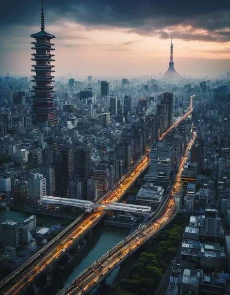a city with a train on the tracks and a lot of tall buildings in the background with a sky line, Cedric Seaut (Keos Masons), unreal engine 4k, a detailed matte painting, retrofuturism, architecture, bridge, building, castle, chimney, city, city_lights, cityscape, clock_tower, east_asian_architecture, library, no_humans, outdoors, pagoda, river, road, rooftop, scenery, sky, skyline, skyscraper, street, tokyo_\(city\), tower, town, cyberpunk city <lora:add-detail-xl:0.9> <lora:MindWarp:1>, cinematic, 35mm film, 35mm photography, film, photo realism, DSLR, 8k uhd, hdr, ultra-detailed, high quality, high contrast,