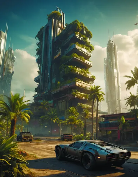 a seedy futuristic city with palm trees in the background inspired by cyberpunk 2077, post-apocalypse, and a futuristic building in the foreground, Eddie Mendoza, unreal 5, concept art, maximalism, building, city, cloud, ground_vehicle, no_humans, potted_plant, road, scenery, sky, sunset, tree, window <lora:add-detail-xl:0.9> <lora:MindWarp:1>, cinematic, 35mm film, 35mm photography, film, photo realism, DSLR, 8k uhd, hdr, ultra-detailed, high quality, high contrast,