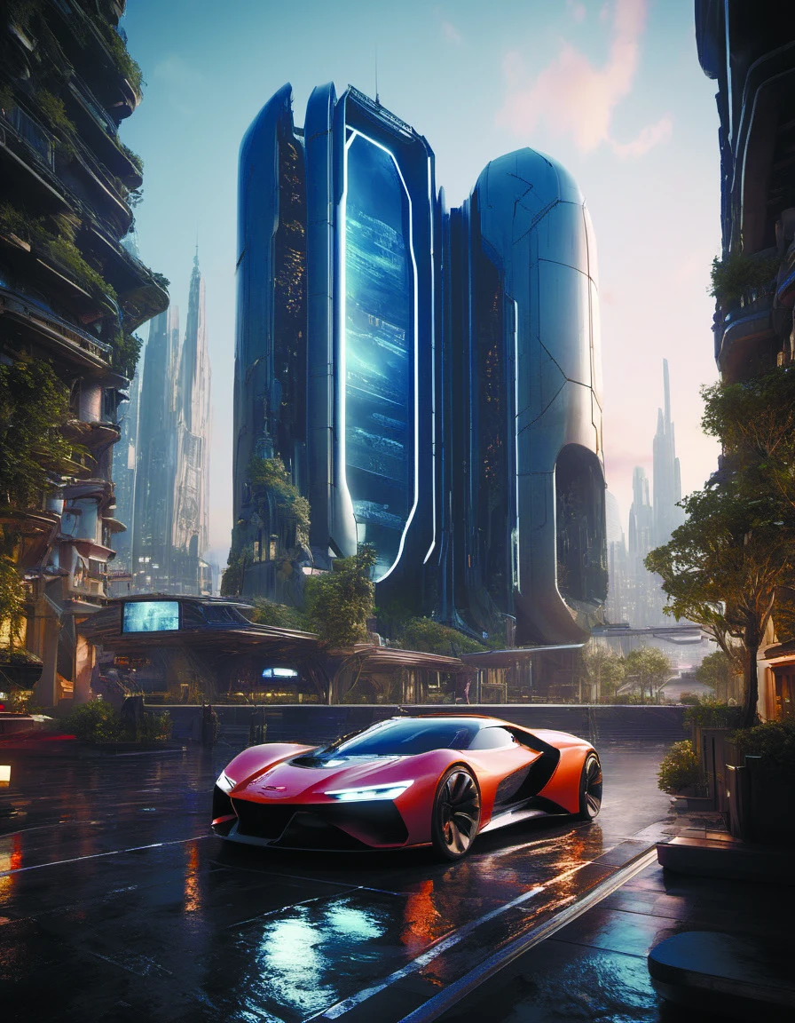 a futuristic building with a large screen and a car in the middle of the building and a lot of lights, Eve Ryder, unreal engine 5 rendered, concept art, retrofuturism, building, city, long_hair, scenery<lora:MindWarp:1> <lora:add-detail-xl:0.9>, cinematic, 35mm film, 35mm photography, film, photo realism, DSLR, 8k uhd, hdr, ultra-detailed, high quality, high contrast,