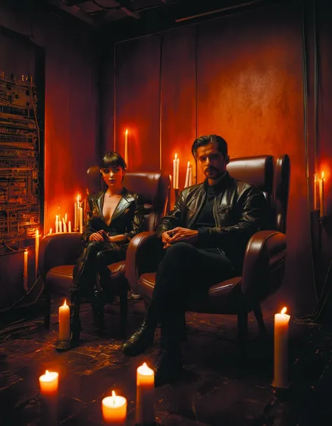 a man and a woman sitting in a chair in a room with candles, Eddie Mendoza, cyberpunk, cyberpunk art, retrofuturism, brown_hair, short_hair, sitting<lora:MindWarp:1> <lora:add-detail-xl:0.9>, cinematic, 35mm film, 35mm photography, film, photo realism, DSLR, 8k uhd, hdr, ultra-detailed, high quality, high contrast,