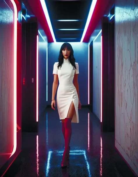 a woman in a white dress walking down a hall with red lights on the walls and a mirror behind her, Eve Ryder, unreal engine 5 rendered, concept art, retrofuturism, 1girl, black_hair, thighhighs <lora:MindWarp:1> <lora:add-detail-xl:0.9>, cinematic, 35mm film, 35mm photography, film, photo realism, DSLR, 8k uhd, hdr, ultra-detailed, high quality, high contrast,