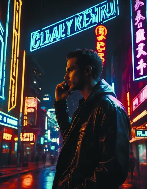 a man talking on a cell phone in a city at night with neon signs and neon lights on the buildings, Altichiero, unreal engine 4k, a screenshot, photorealism, building, city, cityscape, cyberpunk, night, road, scenery, sign, skyscraper, street<lora:add-detail-xl:0.9> <lora:MindWarp:1>, cinematic, 35mm film, 35mm photography, film, photo realism, DSLR, 8k uhd, hdr, ultra-detailed, high quality, high contrast,