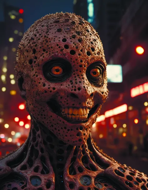 <lora:MindWarp:0.8> Hyperrealistic art RAW analog photo of humanoid neuraliisma organism, looking at viewer, big smile, lava skin, cyberpunk city at night on background (sharp focus, hyper detailed, highly intricate, physically based unbiased rendering), <lora:add-detail-xl:2.4>