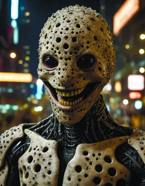<lora:MindWarp:0.8> Hyperrealistic art RAW analog photo of humanoid neuraliisma organism, looking at viewer, big smile, cyberpunk city at night on background (sharp focus, hyper detailed, highly intricate, physically based unbiased rendering), <lora:add-detail-xl:2.4>