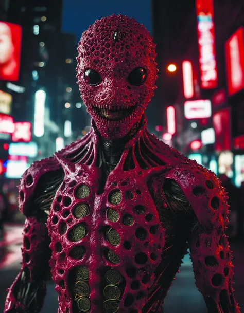 <lora:MindWarp:0.8> Hyperrealistic art RAW analog photo of humanoid neuraliisma organism, looking at viewer, big smile, bloody red skin, cyberpunk city at night on background (sharp focus, hyper detailed, highly intricate, physically based unbiased rendering), <lora:add-detail-xl:2.4>