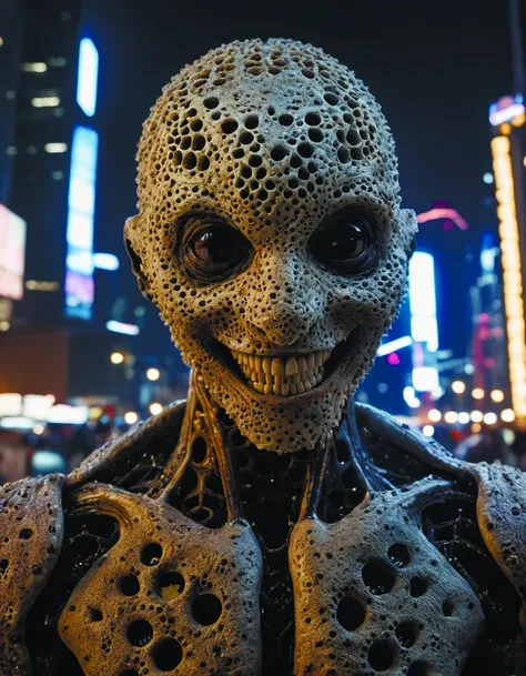 <lora:MindWarp:0.8> Hyperrealistic art RAW analog photo of humanoid neuraliisma organism, looking at viewer, big smile, cyberpunk city at night on background (sharp focus, hyper detailed, highly intricate, physically based unbiased rendering), <lora:add-detail-xl:2.4>