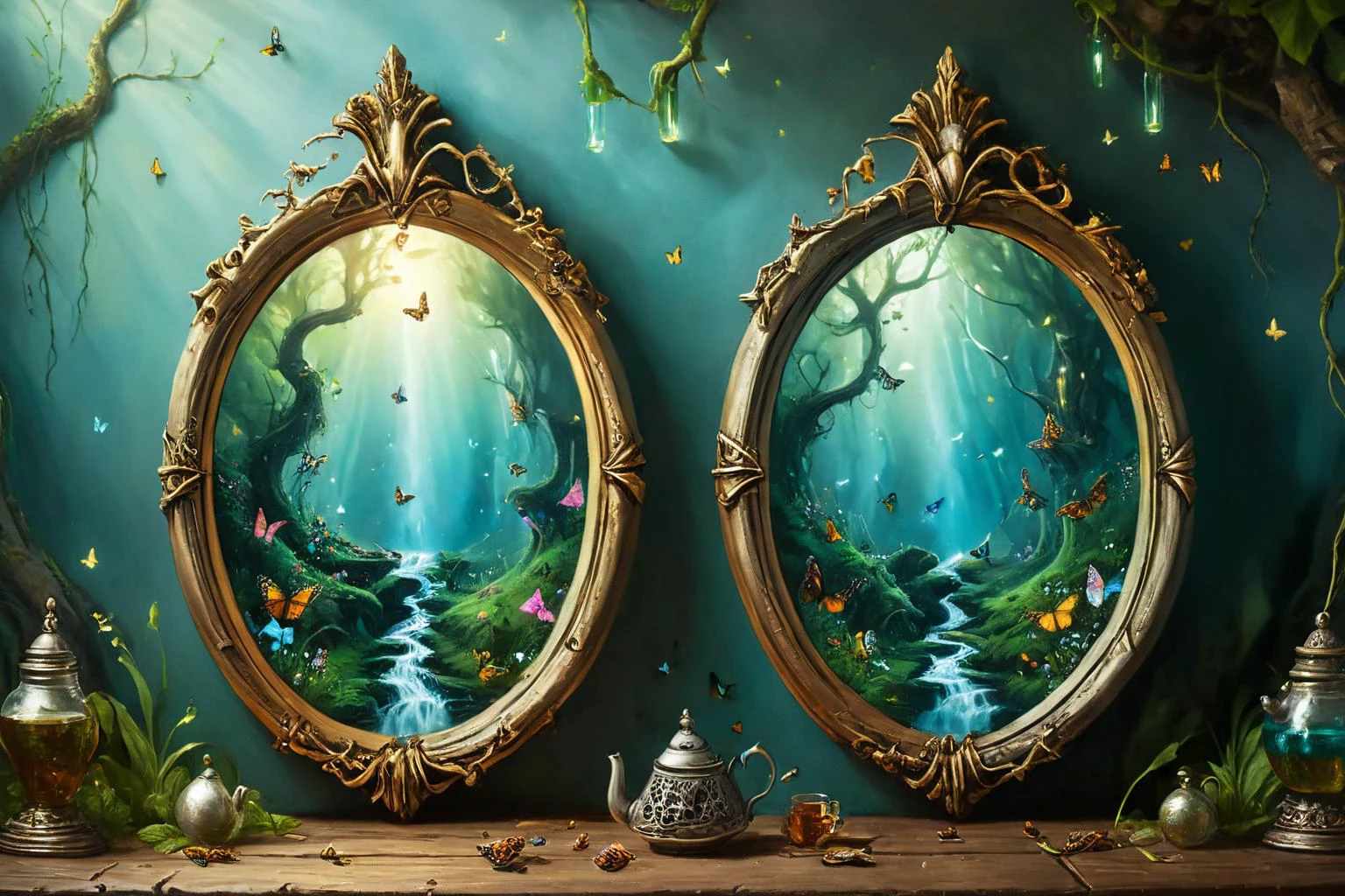<lora:xl_more_art-full_v1:0.7>, (best quality:1.5), (hyperrealism:1.3), (intricate emotional details:1.5), 8k, 4k, detailed digital illustration of [Enchanted mirrors reflect parallel destinies:Wizard's tea turns thoughts into butterflies:0.6], <lora:NicolaSamori:0.7>, <lora:Dreamyvibes artstyle SDXL - Trigger with dreamyvibes artstyle:0.7> Dreamyvibes Artstyle <lora:add-detail-xl:1> <lora:MindWarp:1>