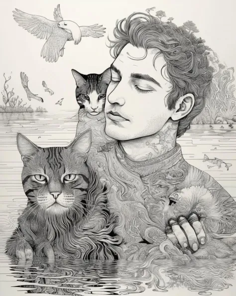 a drawing of a person laying on a body of water with a cat on his shoulder and a dog on his shoulder, Dan Hillier, intricate line drawings, a detailed drawing, psychedelic art, limited_palette, profile, solo, teeth<lora:MindWarp:1.0>