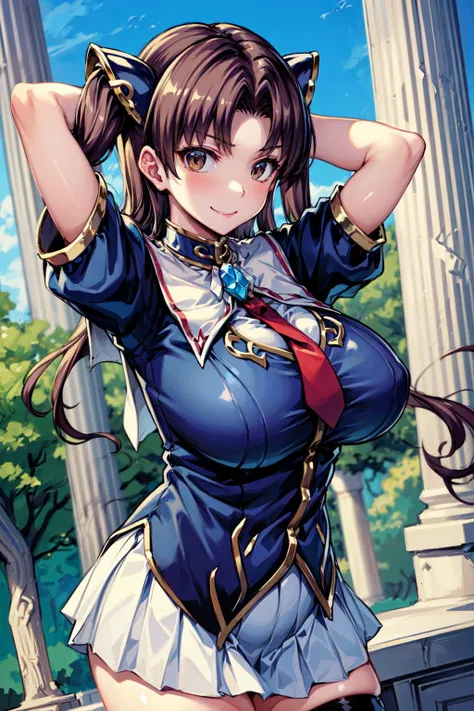masterpiece,best quality,1girl,large breasts,wide hips,thick thighs,fumikarei,hair ornament,school uniform,brooch,puffy short sleeves,necktie,white skirt,thighhighs,confident,smile,arms behind head,greek architecture,column,marble \(stone\),dutch angle,<lora:Concept-control tool-add_detail-CyberAIchemist:0.8>,<lora:fumikarei:0.7>,
