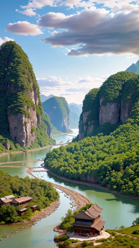 In the spring morning, a Chinese landscape painting, a big river and mountains on both sides,photography, natural-light, high detail, hyper quality, high resolution, hyperrealism, surrealism, HD, 8K, 16K, unreal, bird's-eye, large-format, aerial, <lora:cheeseDaddysLandscapes_35:0.8>