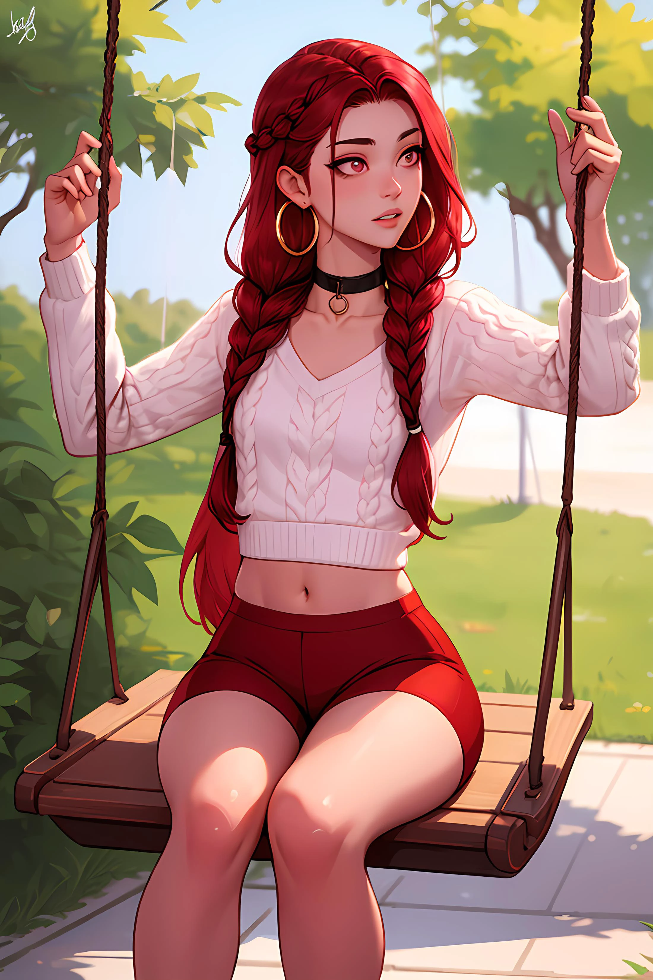 masterpiece, best quality, 1boy, Ray tracing, hdr, volumetric lighting, solo,
Seated on a swing looking playful,
Red and burgundy two-tone hair hair, Viking Beard Braid, playful Cherry eyes, small hoop earrings, choker,
athletic, flat chest, medium waist, narrow hips, Knit Sweater, Running shorts, <lora:KTF_01:1>
