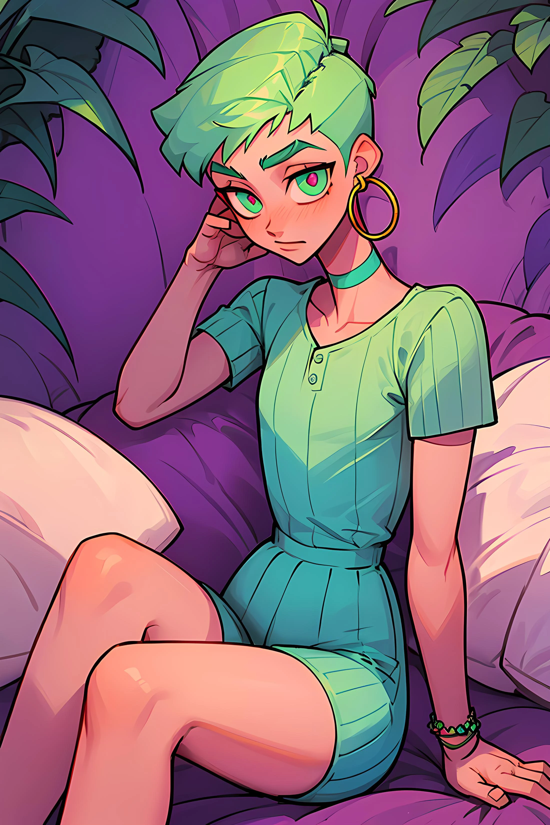 masterpiece, best quality, 1boy, Ray tracing, hdr, volumetric lighting, solo,
Sitting with legs crossed and hands in prayer position,
Pastel blue and mint green ombre hair, Buzz Cut with Beard, playful Deep Plum eyes, small hoop earrings, choker,
athletic, flat chest, medium waist, narrow hips, Knitted Henley Shirt, Shorts, <lora:KTF_01:1>