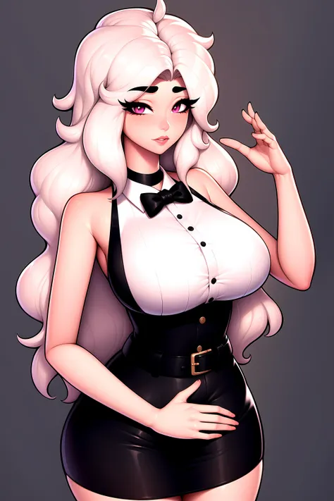 best quality, ultra high res, 1girl, sleeveless white button shirt, black skirt, black choker, cute, (Kpop idol), (aegyo sal:1), (platinum blonde hair:1), ((puffy eyes)), looking at viewer, full body, facing front, kannelart, utf, <lora:KTF_01:1>