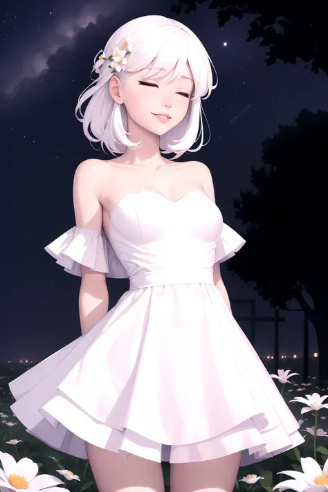 masterpiece, best quality, 1girl, white hair, standing, flower field, arms behind back, night, starry sky, closed eyes, light smile, <lora:KTF_01:-0.9>, mature, <lora:KTF_10:1.0>