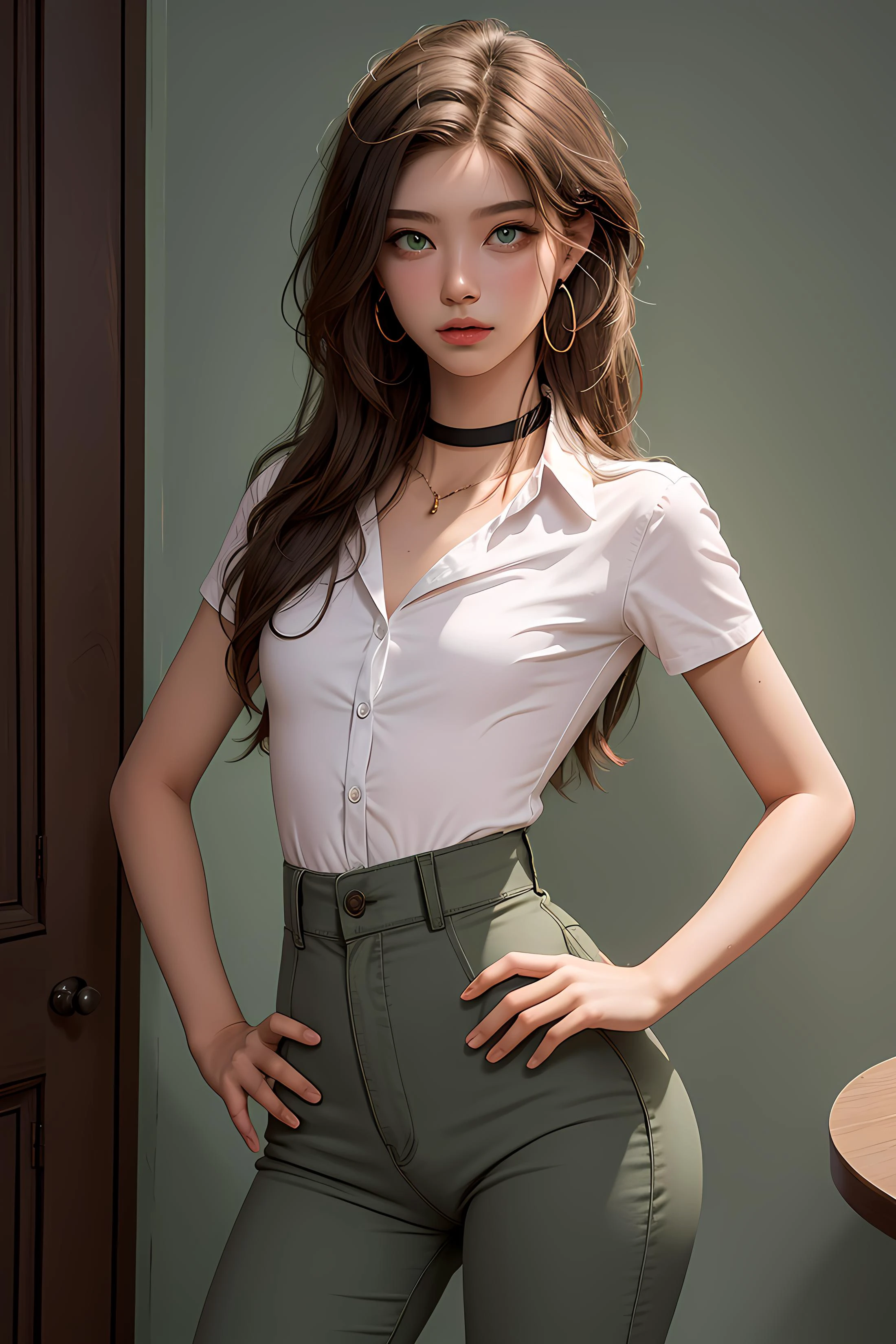 masterpiece, best quality, 1boy, Ray tracing, hdr, volumetric lighting, solo,
Looking down hands on the hips,
Gray and Brown hair, Short Textured Hair, playful Olive green eyes, small hoop earrings, choker,
athletic, flat chest, medium waist, narrow hips, Checkered Shirt, Dress pants, <lora:KTF_01:1>