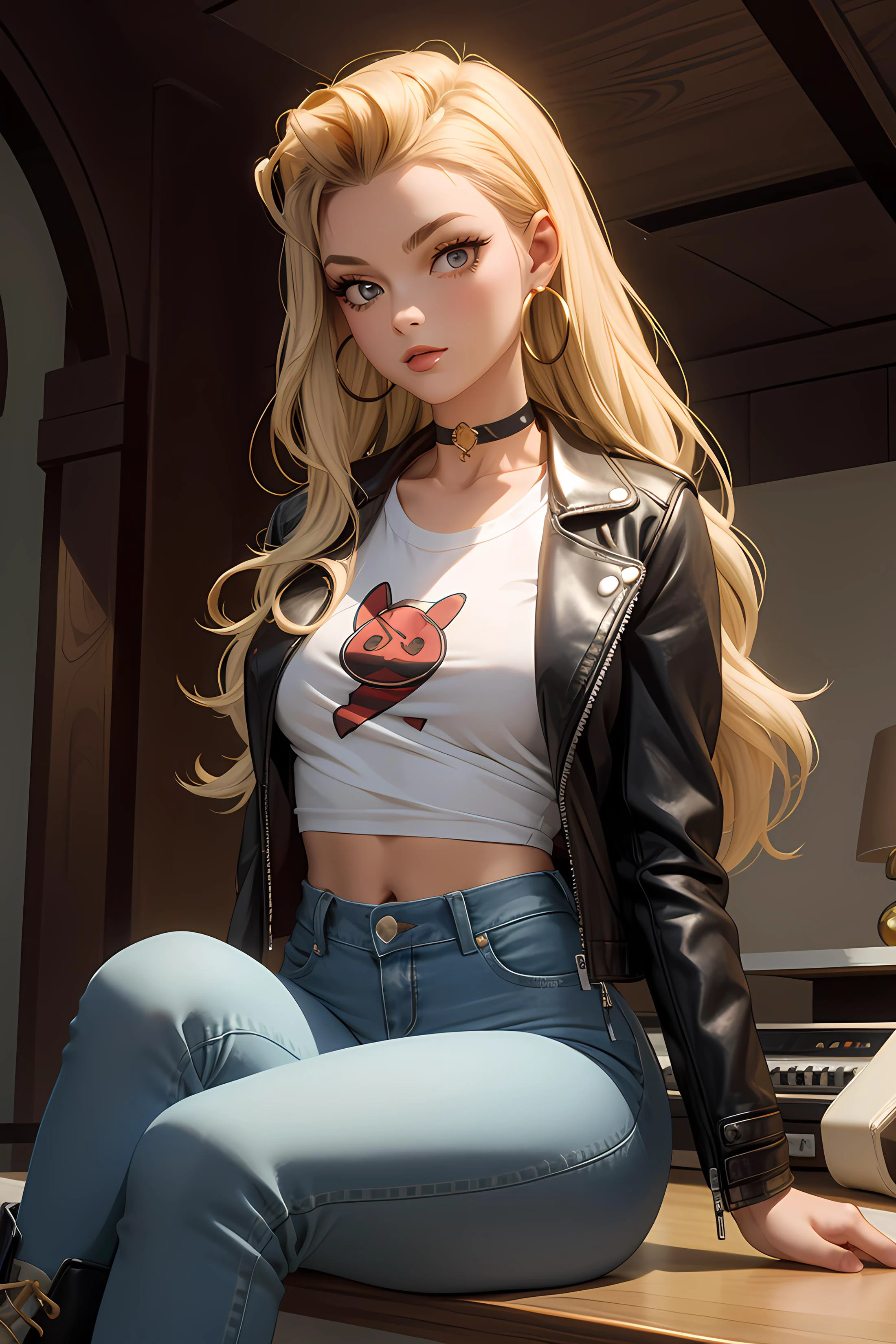 masterpiece, best quality, 1girl, futanari, Ray tracing, hdr, volumetric lighting,
Sitting with legs stretched out and arms crossed over the chest,
Blonde and lavender ombre hair, Retro Victory Rolls, big hair, playful Dijon eyes, golden hoop earrings, choker, thick lips,
athletic, small and rosebud shaped breasts, narrow shoulders, narrow waist, wide and round hips, covered nipples, bulge, Classic Rock: Band tee, distressed jeans, leather jacket, and boots, <lora:KTF_01:1>, <lora:KTF_10:-0.9>, mature female