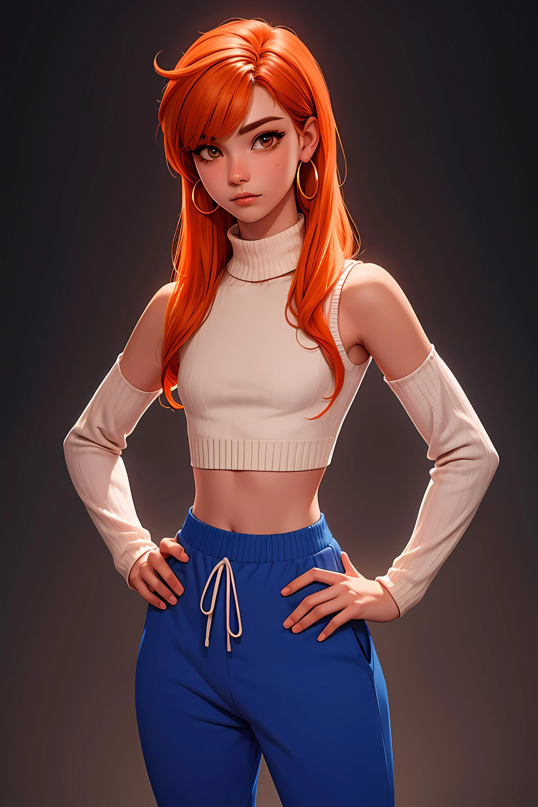masterpiece, best quality, 1boy, Ray tracing, hdr, volumetric lighting, solo,
Standing with hands behind the back,
Blue and Orange hair, Textured Fringe, playful Sepia eyes, small hoop earrings, choker,
athletic, flat chest, medium waist, narrow hips, Turtleneck Sweater, Sweatpants, <lora:KTF_01:1>