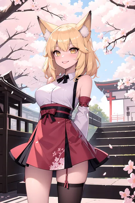 masterpiece, best quality, 1girl, yellow eyes, medium hair, stairs, cherry blossoms, temple, fox girl, detached sleeves, animal ears, happy, arms behind back, <lora:KTF_01:-0.9>, mature, <lora:KTF_10:1.0>