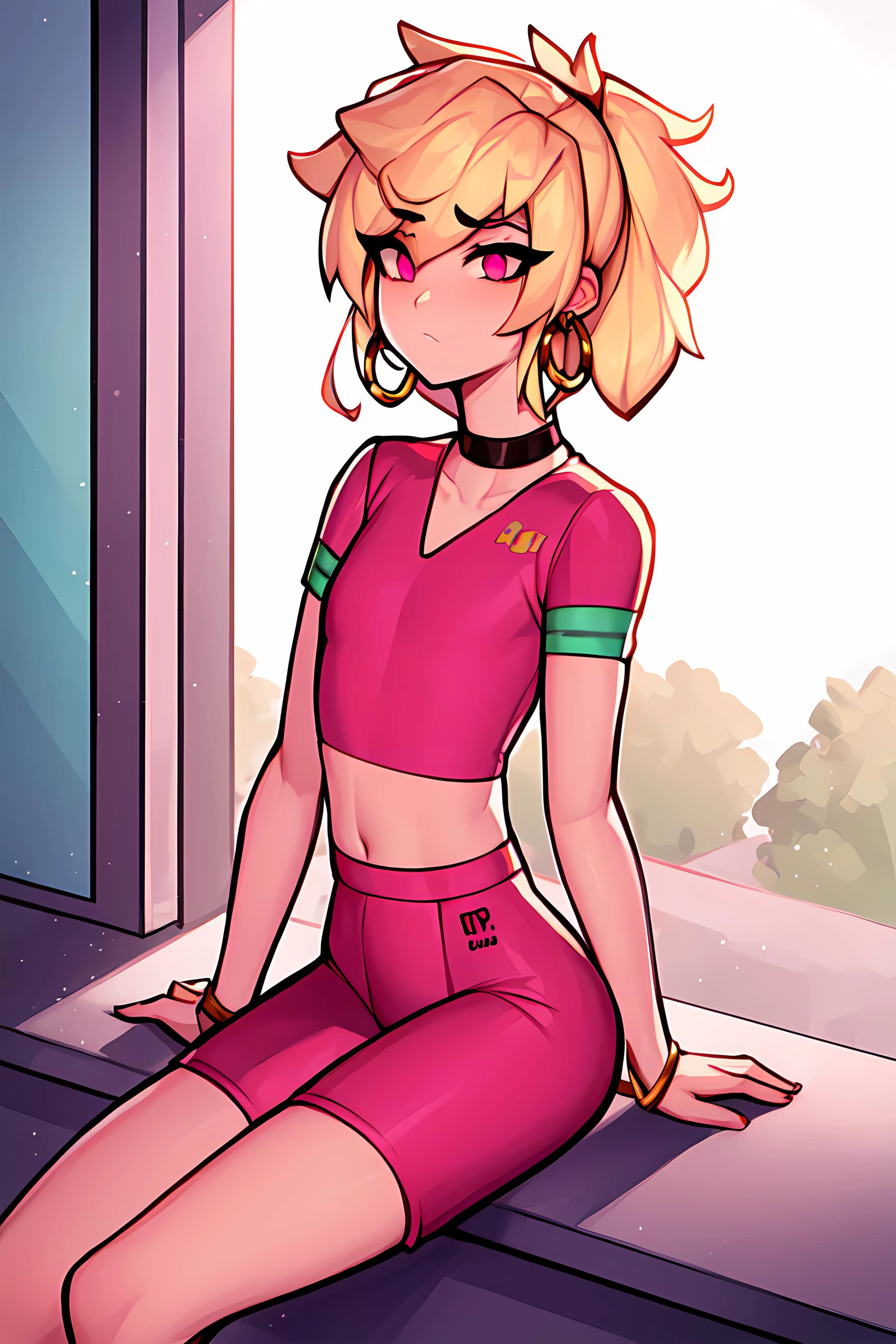 masterpiece, best quality, 1boy, Ray tracing, hdr, volumetric lighting, solo,
Sitting on a window ledge looking outside,
Blonde and pastel green highlights hair, High Fade with Textured Crop, playful Hot pink eyes, small hoop earrings, choker,
athletic, flat chest, medium waist, narrow hips, Rugby Shirt, Chef pants, <lora:KTF_01:1>