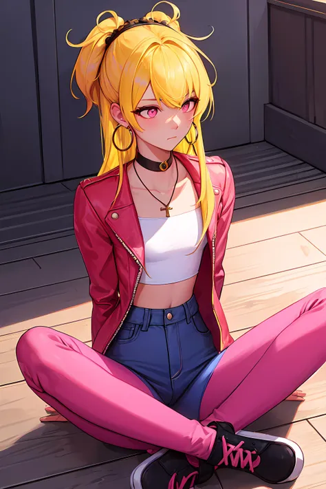 masterpiece, best quality, 1boy, Ray tracing, hdr, volumetric lighting, solo,
Sitting cross-legged on the floor looking away, 
Yellow and Blue hair, Messy Comb Over, playful Pink eyes, small hoop earrings, choker,
athletic, flat chest, medium waist, narrow hips, Moto Jacket, Capri pants, <lora:KTF_01:1>