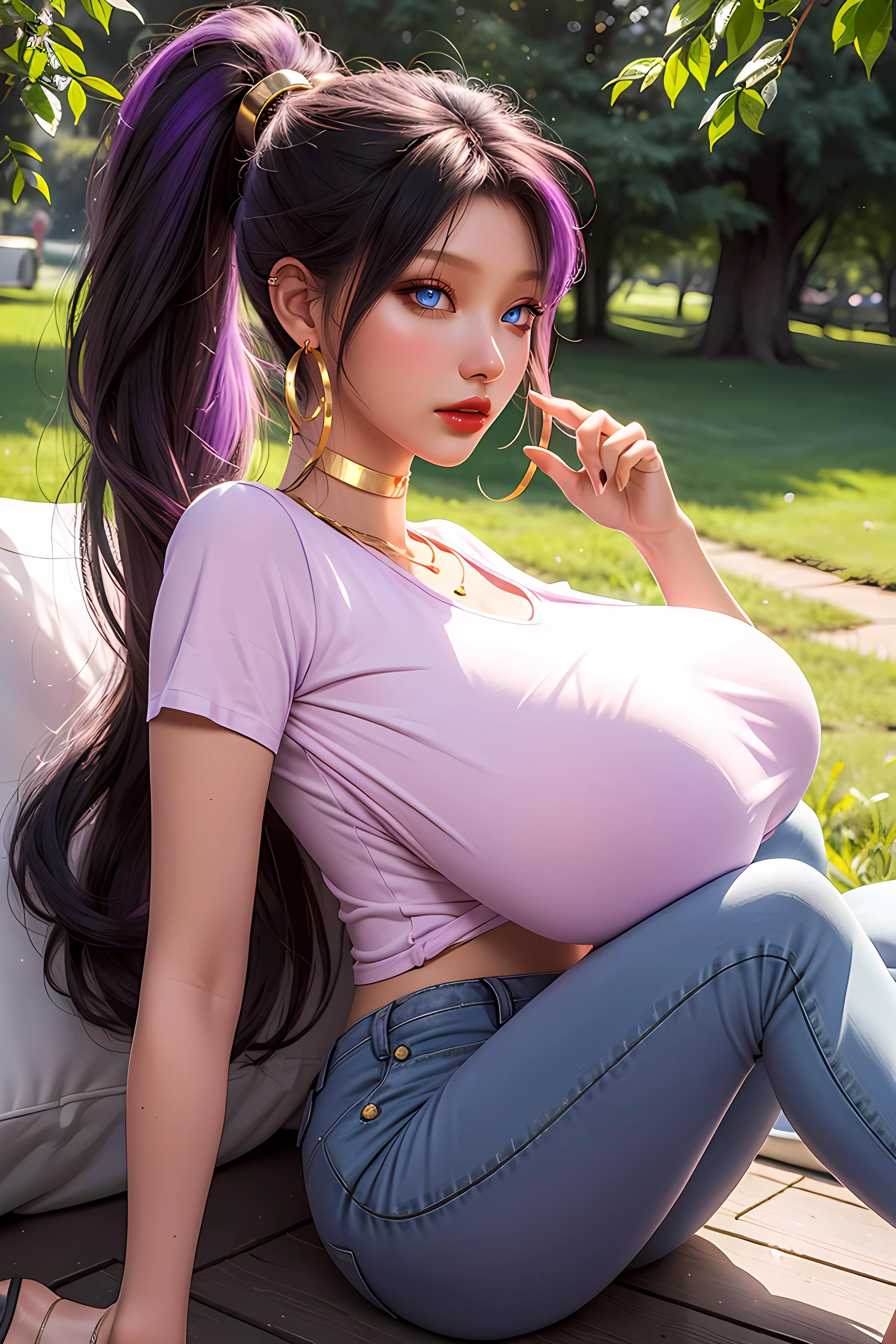 masterpiece, best quality, 1girl, futanari, Ray tracing, hdr, volumetric lighting,
Lying down on the back gazing at the sky,
Purple and Gray hair, Low Ponytail with a Twist, big hair, playful Brass eyes, golden hoop earrings, choker, thick lips,
athletic, gigantic breasts, narrow shoulders, narrow waist, small hips, covered nipples, bulge, Retro-Hippie: Bell-bottom jeans, tie-dye shirt, and platform sandals, <lora:KTF_01:1>