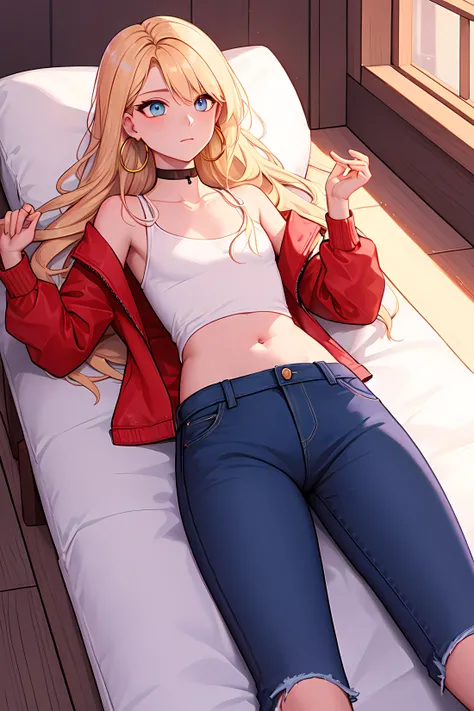 masterpiece, best quality, 1boy, Ray tracing, hdr, volumetric lighting, solo,
Lying down on the back gazing at the sky,
Blonde and blue mermaid hair hair, Classic Comb Over, playful Dusty Rose eyes, small hoop earrings, choker,
athletic, flat chest, medium waist, narrow hips, Trucker Jacket, Denim cutoffs, <lora:KTF_01:1>