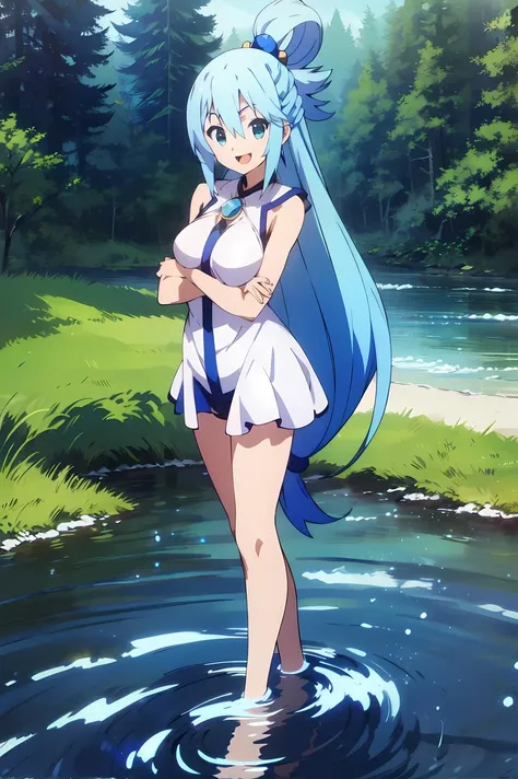 BREAK looking at viewer, BREAK outdoors, BREAK (masterpiece:1.2), best quality, high resolution, unity 8k wallpaper, (illustration:0.8), (beautiful detailed eyes:1.6), extremely detailed face, perfect lighting, extremely detailed CG, (perfect hands, perfect anatomy),aqua \(konosuba\),waterfall,night,stars,moon,starfall,cleavege,neckline,showing panties,white panties,skinny fit,small breasts.