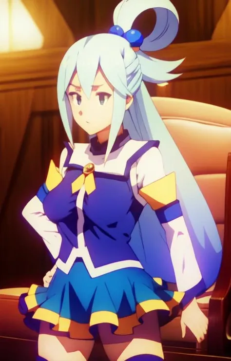 <lora:KonosubaAqua-v4-07:1>, blue hair, blue eyes, long hair, hair ornament, blue skirt, blue shirt, white sleeves, blue boots,
