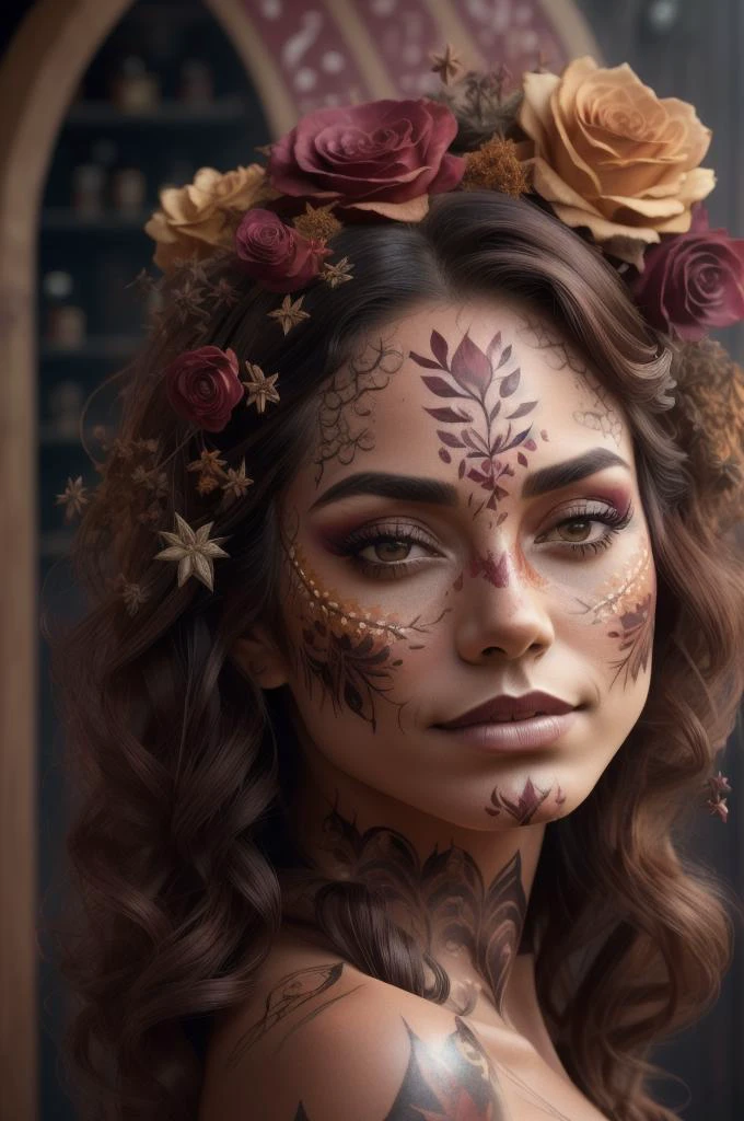 xyzgg body paint, photo of (rosmita1) a 30 years old woman, modelshoot style, (extremely detailed), (CG unity 8k wallpaper), Intricate, High Detail, Sharp focus, dramatic, ((photorealistic)), (((A charming, rustic apothecary filled with dried herbs, potions, and curiosities))), ((posing for a photo)), (detailed pupils:1.2),warm smile, (f),,wide depth of field, ((cowboy shot)), , (realistic:1.5)\n(Maroon long Bouncy curls hair, Terracotta Rose lips , <lora:Katrina_v5:0.6>woman in colorfull xyzgg body paint, animal skin pattern bodypaint, flower pattern bodypaint