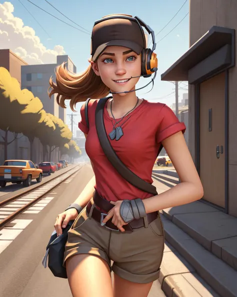 1girl, scout_tf2, teenage, solo, (small breasts:1.1), brown hair, blue eyes, skinny, high quality, best quality, masterpiece, outdoors, running, sidewalk, pavement, street, smirk, close-up, serious
AS-YoungV2
BREAK
1girl, scout_tf2, solo, (headphones, headset:0.6), belt, black headwear, wrist wrap, arm wrap, red shirt, brown shorts, running, outdoors, (railroad tracks:0.7)
<lora:scoutv3:0.9>